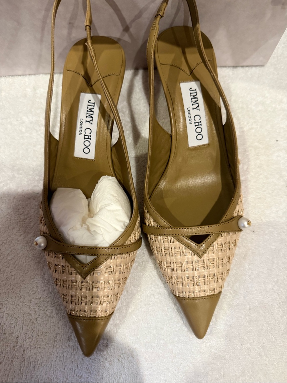 Jimmy Choo Amita Tan Woven Raffia Pointed Slingback Pumps with Pearl